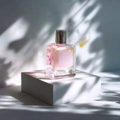 A pink perfume bottle with a blank label mockup on a white display stand. Cosmetic product photography with natural light and shadows