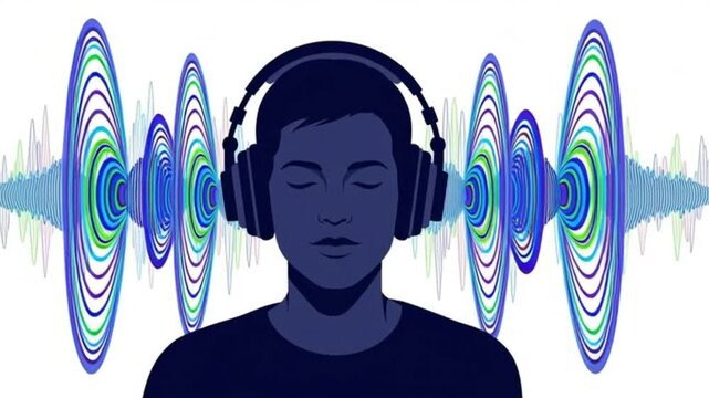 A man wearing headphones experiences sound waves flowing into his ears with eyes closed and a calm expression