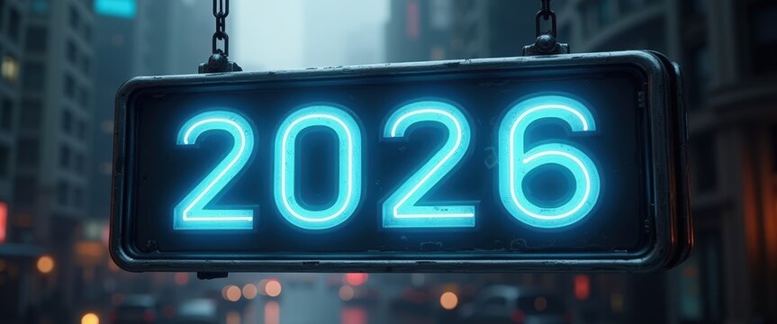 A bright blue neon sign showing the year 2026. Futuristic urban background for a new year or future event concept