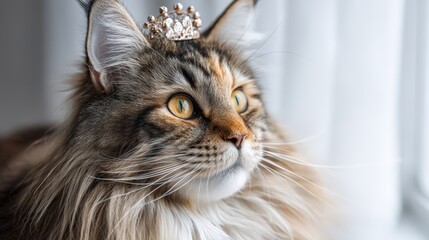 A majestic Maine Coon cat wearing a royal crown. Close-up portrait of a fluffy tabby feline with amber eyes. Pampered pet and luxury animal concept