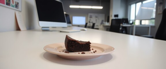 Slice of chocolate cake on a desk in a modern office. Sweet snack during a work break in a corporate environment with copy space