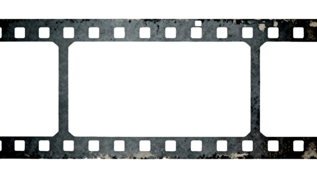 Close-up of a vintage film strip with perforated edges and blank frames