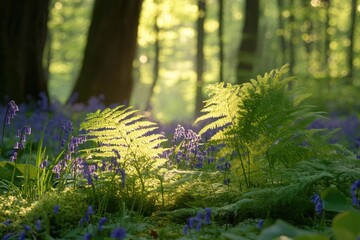 A serene forest scene with a variety of flora and fauna, including towering trees, vibrant wildflowers, and a tranquil stream.