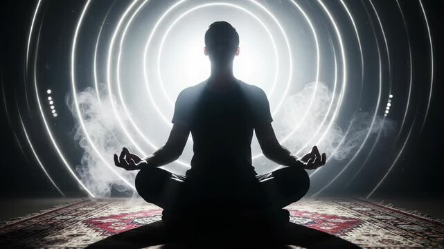 Silhouette of a person meditating in a yoga lotus pose. Glowing rings of light and smoke create a spiritual energy field. Mindfulness and esotericism concept