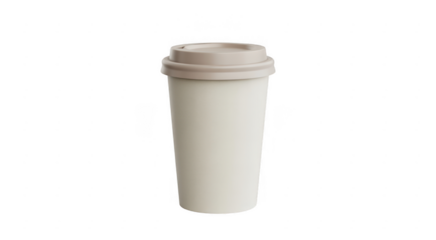 Plain white disposable paper coffee cup with beige lid isolated on a transparent background