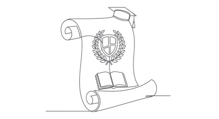 Minimalist educational emblem on a scroll background featuring a shield and open book
