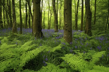 A lush forest with tall trees and vibrant blue flowers, creating a serene and tranquil atmosphere.