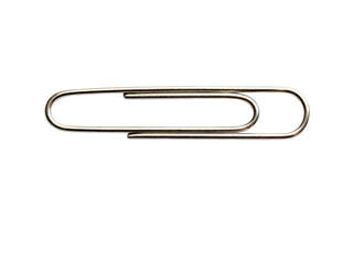 A single metallic paperclip isolated on a white background