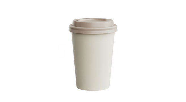 Plain white disposable paper coffee cup with beige lid isolated on a transparent background