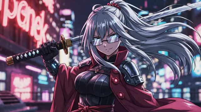 Anime style female warrior with swords in a city at night with colorful lights illustration