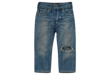 Distressed light blue denim jeans with a ripped knee, displaying casual fashion apparel on transparent background