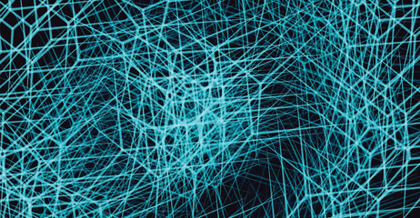 Abstract network of interconnected lines, forming a complex geometric pattern against a dark background.