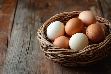 A rustic wooden table adorned with a woven basket brimming with fresh eggs, their vibrant hues contrasting beautifully with the earthy tones of the wood.