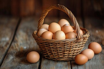 A rustic wooden basket filled with a variety of eggs, including brown and white ones, resting on a wooden surface.