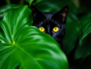 black cat on green background, Mysterious Black Cat Peeking Through Green Monstera Leaf