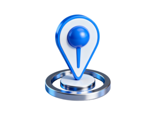 3D blue location pin icon with metallic base on white background