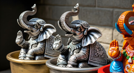 Decorative silver and colorful elephant figurines sitting in pots with raised trunks