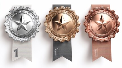 Close-up of three awards, silver, bronze and gold medals, with star, ribbon, and the number one