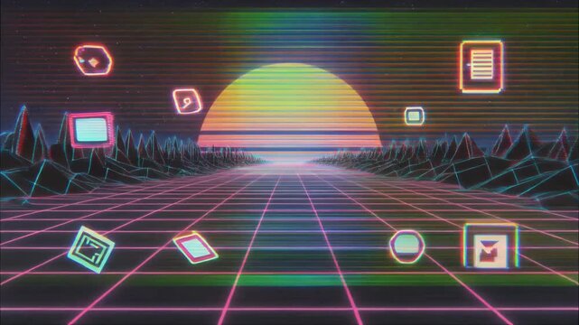  &ldquo;Retro computer icons from the 90s, pixel art animation, CRT glow, nostalgic motion transition
