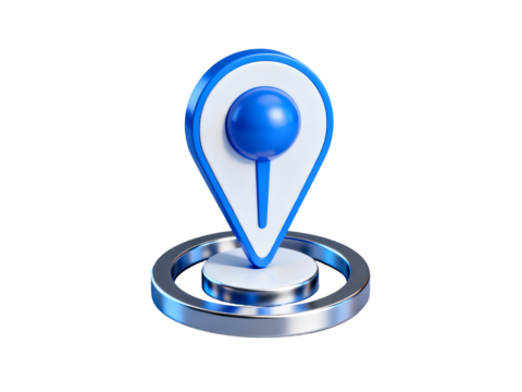 3D blue location pin icon with metallic base on white background
