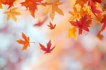 A vibrant autumn scene with a mix of red, orange, and yellow leaves falling gently from a tree, creating a picturesque backdrop.