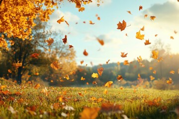 A serene autumn landscape, where golden leaves dance in the gentle breeze, painting a picture of tranquility and beauty.