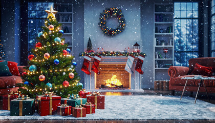 Christmas tree lights decoration in the city and snow winter scene for holiday celebration or new year season illustration