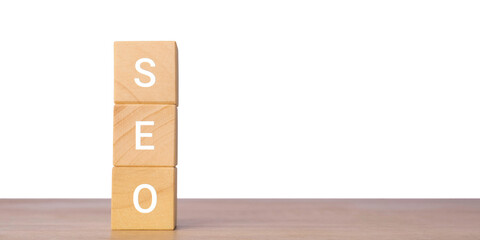 Wooden blocks with seo letters for search engine optimization, isolated on transparent background