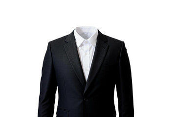 Black suit jacket with white dress shirt on a mannequin against a white background