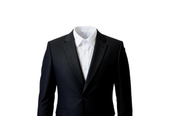 Black suit jacket with white dress shirt on a mannequin against a white background