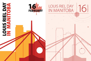 Louis Riel Day in Manitoba poster pack. Vector illustrations with Winnipeg city skyline and landmarks shape for holiday card, print, event, brochure. Modern template