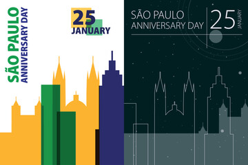 Sao Paulo Anniversary Day poster pack. Vector illustrations with Brazil city skyline and landmarks shape for holiday card, print, event, brochure. Modern template
