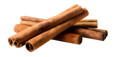 Aromatic cinnamon sticks piled on a clean white background, evoking warmth and spice.