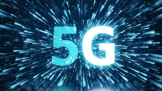5G technology symbol in a digital data tunnel. High-speed internet connection concept with binary code. Futuristic wireless network background