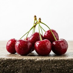 Sweet and vibrant red cherries, freshly washed with glistening water droplets, clustered on a rustic stone surface, perfect for healthy eating
