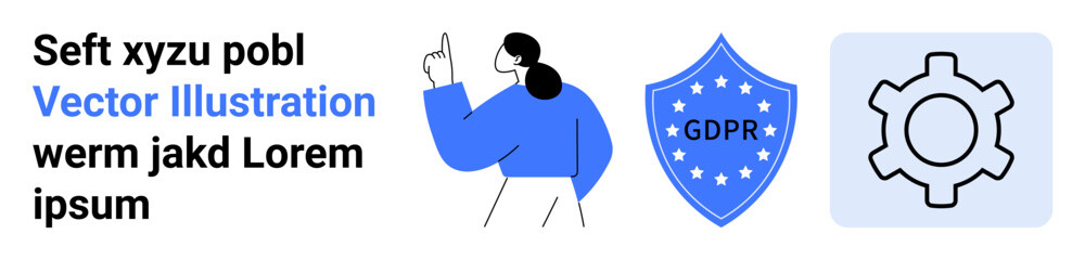 Person gesturing, labeled shield with GDPR, and gear symbol. Ideal for data protection, privacy, compliance, technology, regulation, cyber security simple landing page