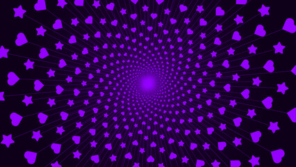 Obraz premium An abstract radial burst background featuring repeating purple heart and star shapes arranged in a symmetrical outward pattern