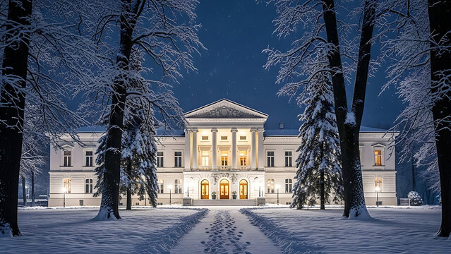 Grand neoclassical mansion illuminated at night, surrounded by snow-covered winter landscape, bare trees, and a path.