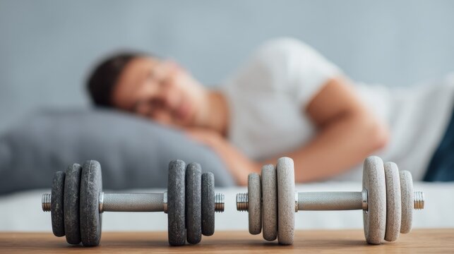 Metal Dumbbells on Wooden Surface with Resting Person in Background Symbolizing Balance Between Physical Training and Recovery Time