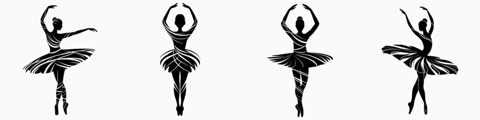 Silhouette ballet dancers performing different poses in black and white