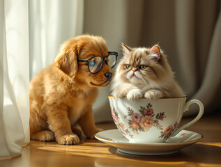 Dog and cat in a bowl