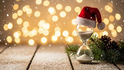 Christmas hourglass with Santa hat, pine, and falling snow against bokeh lights