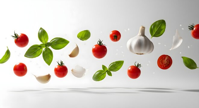 Creative food concept with flying fresh ingredients for Italian cuisine, including cherry tomatoes, basil, garlic, and salt on a white background - Powered by Adobe