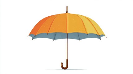 Obraz premium Open Orange Umbrella with Water Droplets and Wooden Handle on White Background Symbolizing Rain Protection, Style, and Product Elegance