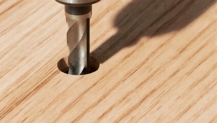 Close-up of a drill bit creating a hole in a wooden surface.