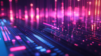 Vibrant audio equalizer bars rising and falling rhythmically, glowing with colorful light in a sleek digital interface, creating a dynamic music visualization.