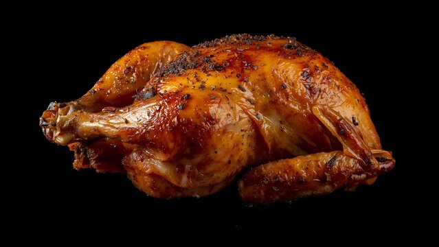 Roasted chicken against black background, close up