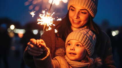 Mother and Daughter Holding Sparkler Firework at Night Celebration