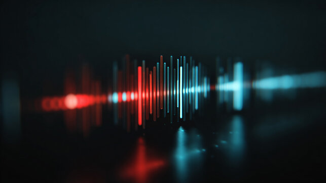 Vibrant audio equalizer bars rising and falling rhythmically, glowing with colorful light in a sleek digital interface, creating a dynamic music visualization.