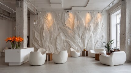 Modern lounge interior with sculptural tropical leaf wall relief, white designer chairs, warm lighting, concrete elements, and natural accents creating a stylish, artistic, and welcoming waiting area